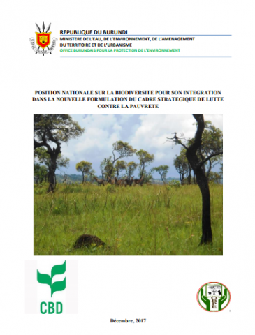 Page de garde du document de la Position nationale sur la biodiversité pour son intégration dans la nouvelle formulation du cadre stratégique de lutte contre la pauvreté