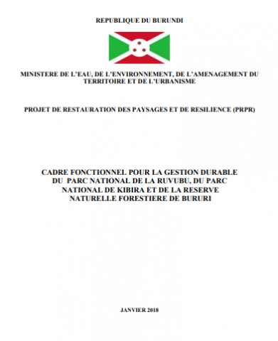 page de garde du document du Cadre fonctionnel pour la gestion durable du Parc National de la Ruvubu, du Parc National de Kibira et de la réserve naturelle forestière de Bururi