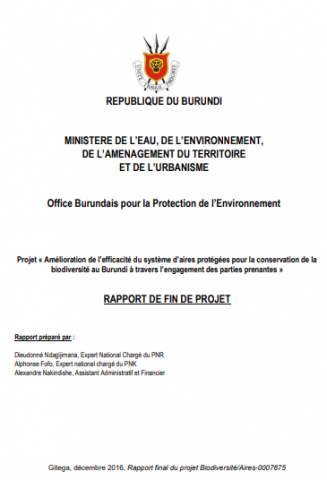 Pade de garde du rapport du Projet « Amélioration de l’efficacité du système d’aires protégées pour la conservation de la biodiversité au Burundi à travers l’engagement des parties prenantes »